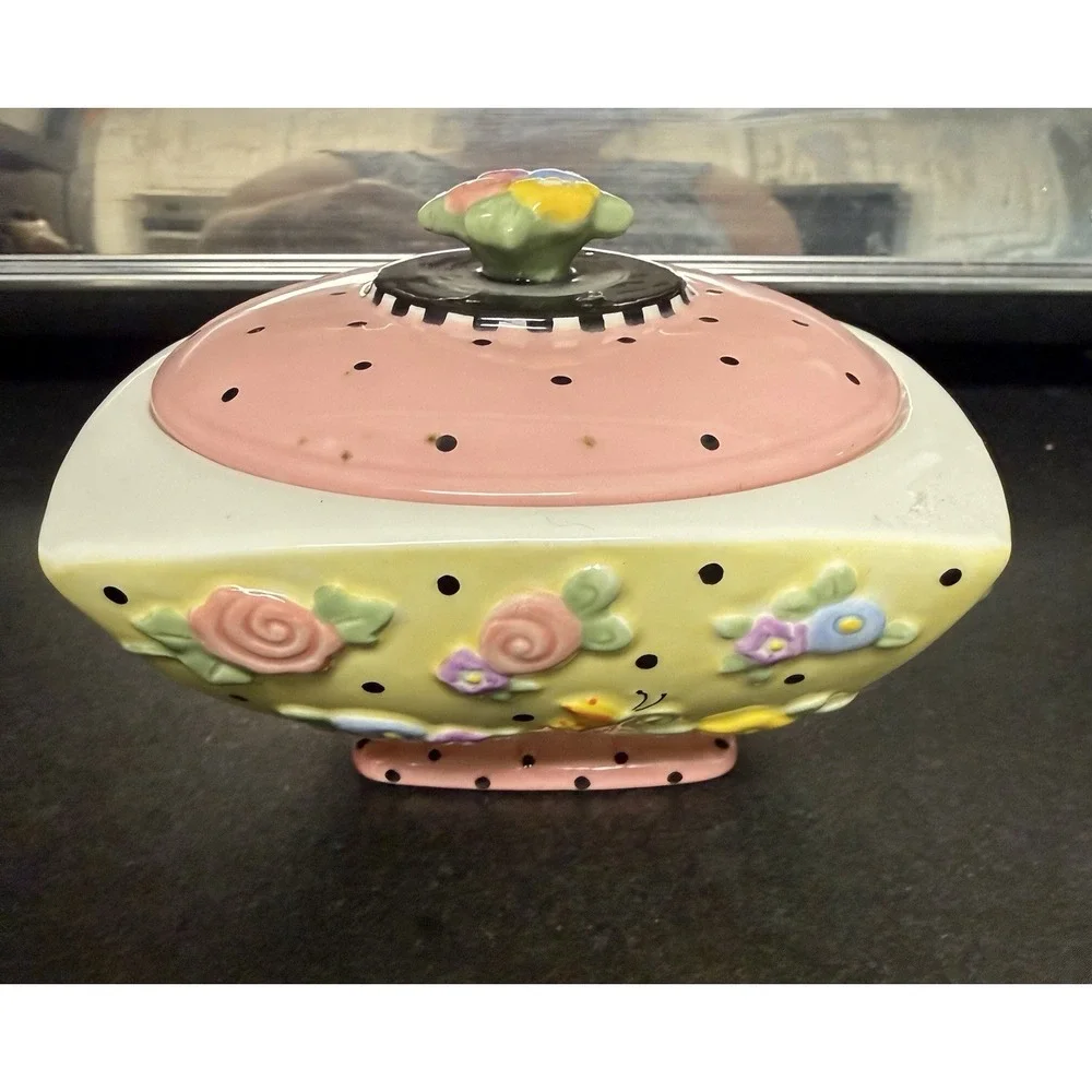 1999 Vintage Mary Englebreit Ceramic Covered Square Trinket/Candy Dish